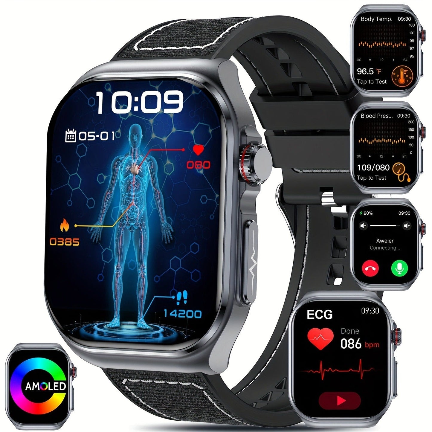 Smart Watch 2.04-Inch AMOLED Display with Bluetooth 5.3 Calling, 530mAh Battery and Six Strap Options