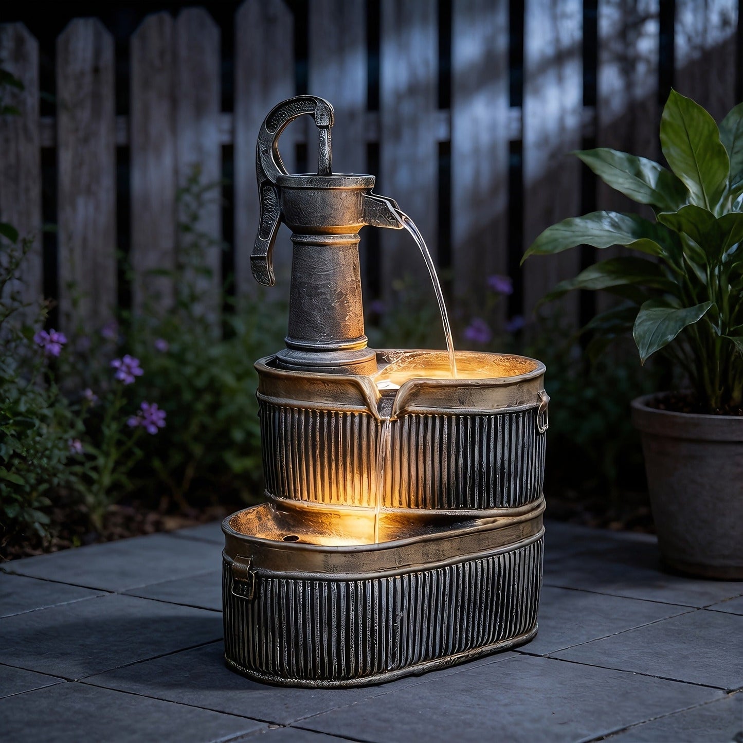 Outdoor Water Fountain 2-Tier Barrel with LED Light & Pump - Rustic Resin Garden Fountain for Patio