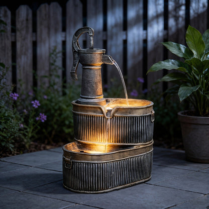 Outdoor Water Fountain 2-Tier Barrel with LED Light & Pump - Rustic Resin Garden Fountain for Patio