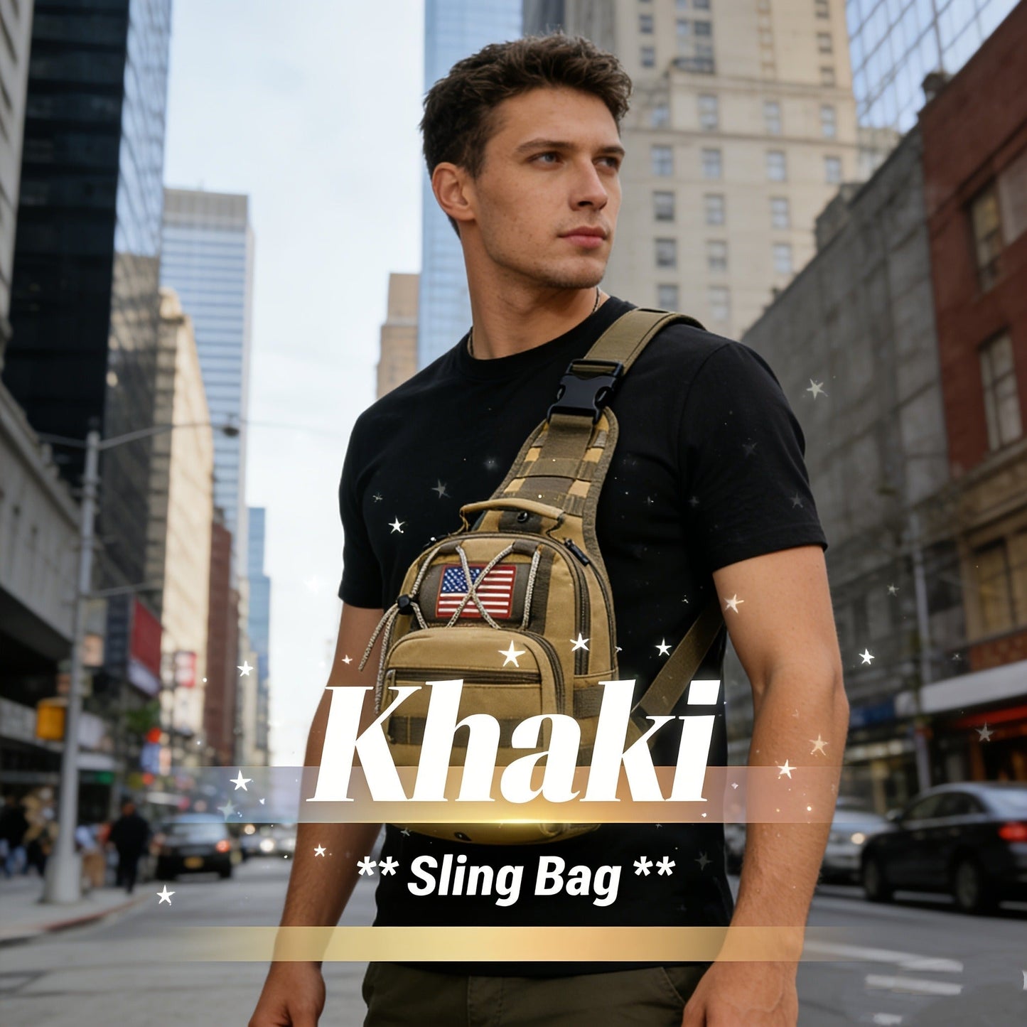 Compact Tactical Sling Backpack with Flag-Patch and Camo Options across Six Complete Checkout Styles