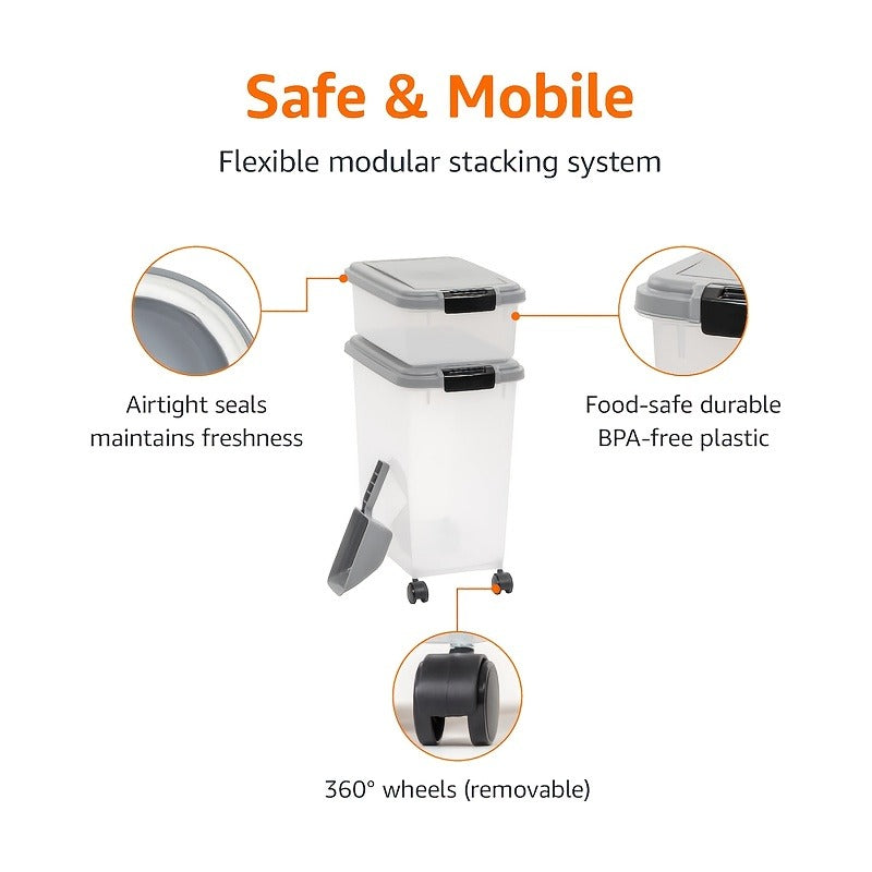 30QT and 10QT Stacking Pet Food Bin Set with Long Scoop, Front Latch and Removable Caster Wheels