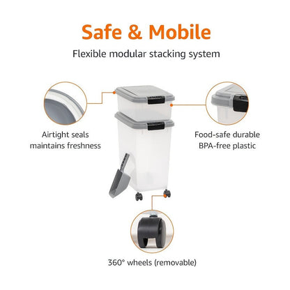 30QT and 10QT Stacking Pet Food Bin Set with Long Scoop, Front Latch and Removable Caster Wheels