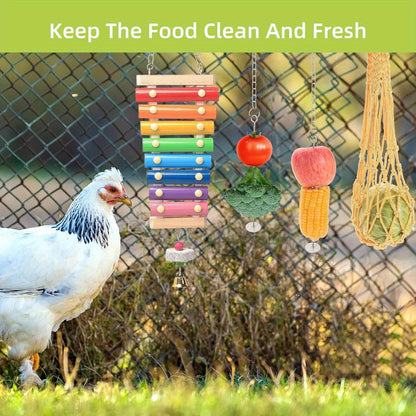 Chicken Coop Toys Set – Xylophone, Swing, Mirror, Step Ladder & Pecking Toys for Hens, Wood & Colorful Bead Enrichment Accessories