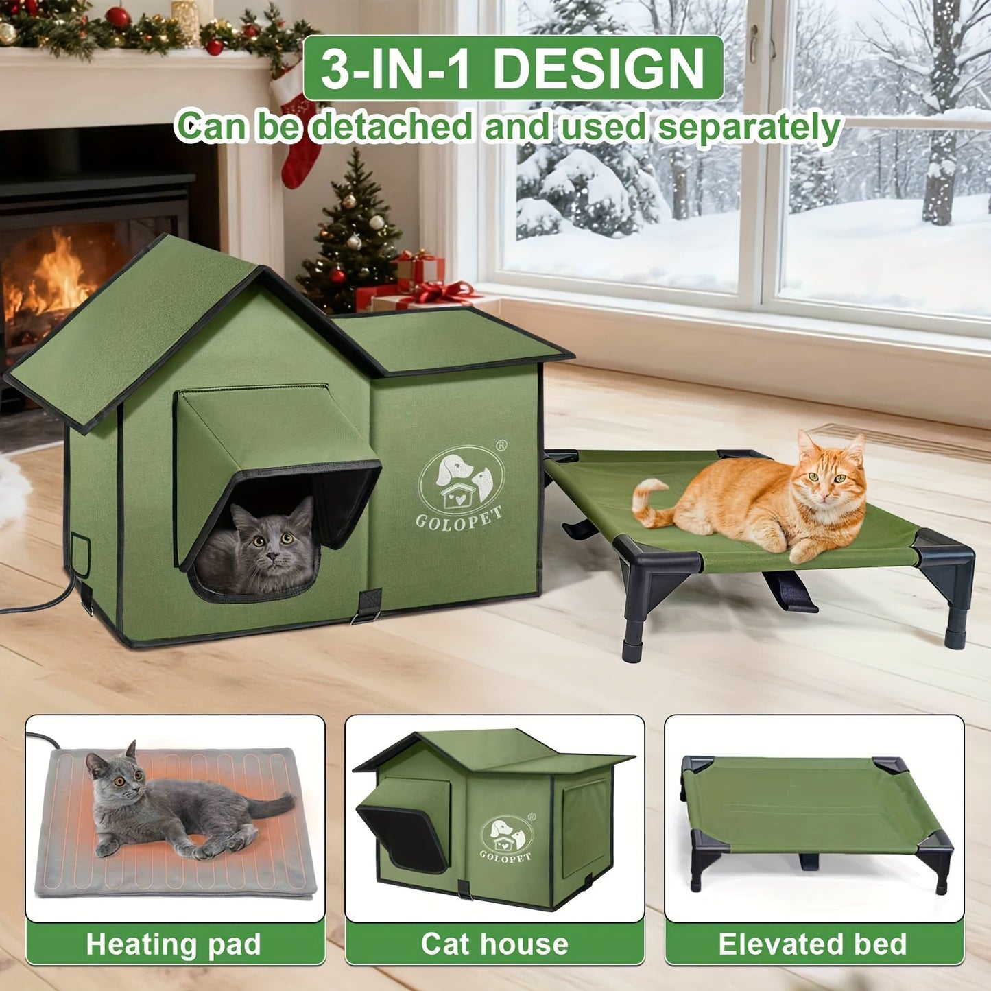 Elevated Cat House & Dog Bed with Detachable Heating Pad – Raised Outdoor Indoor Pet Bed for Cats Small Dogs