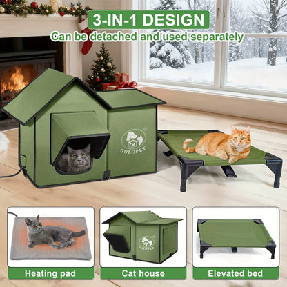 Elevated Cat House & Dog Bed with Detachable Heating Pad – Raised Outdoor Indoor Pet Bed for Cats Small Dogs