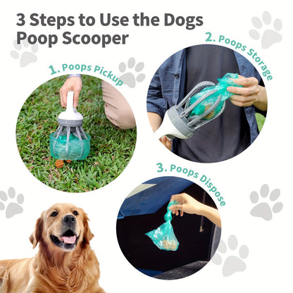 Dog Pooper Scooper No-Touch 2-in-1 with 75 Waste Bags & Wide Claw Attachment – Portable Hands-Free Hygienic Waste Pick-Up System