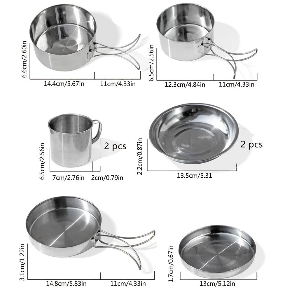 Camping Tableware Set 8 Piece Stainless Steel – Portable Outdoor Dining Set with Foldable Handle Plates, Cups & Utensils | Lightweight