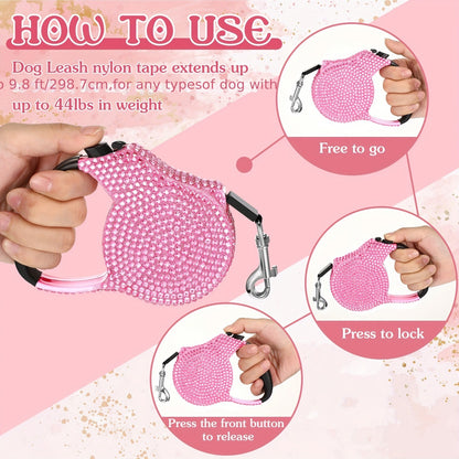 Retractable Dog Leash Set of 2 with Rhinestone Decoration, Pink Bone-Shaped Waste Bag Dispenser & Metal Clip