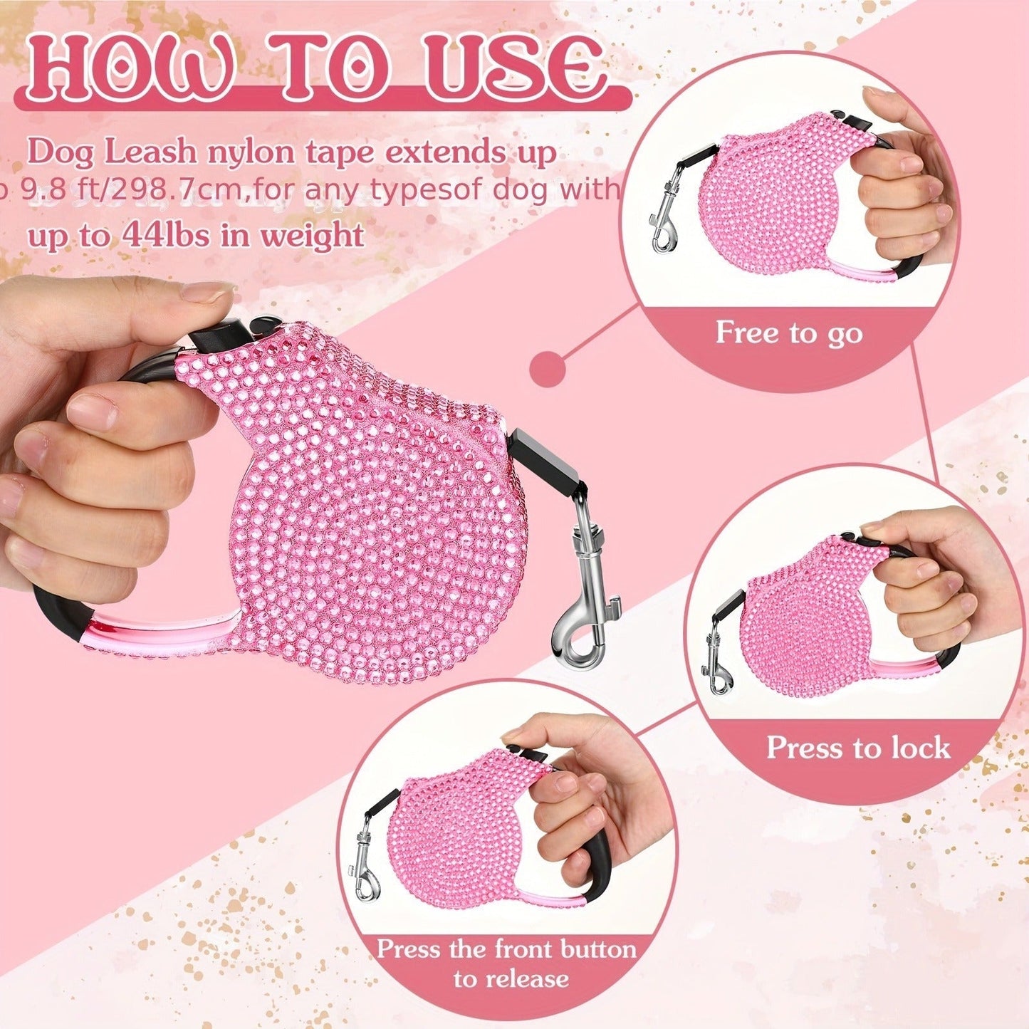 Pink Rhinestone Retractable Dog Leash with Bone-Shaped Waste Bag Dispenser, Metal Clip and One Roll