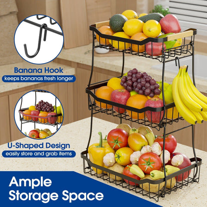 Tiered Fruit Basket Kitchen Organizer with Banana Hook, Removable 2 or 3 Metal Baskets and Wood Handle