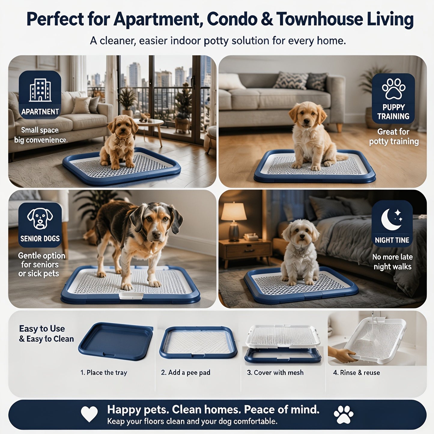 Indoor Dog Potty Tray with Removable Grating – Leak-Proof Puppy Training Toilet, Washable Pee Pad Holder for Apartments