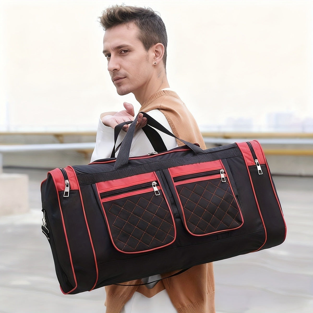 Gym Duffel Bag Large Capacity Travel Bag for Men Women Heavy Duty Polyester Multi Pocket Adjustable Shoulder Strap Zipper Closure