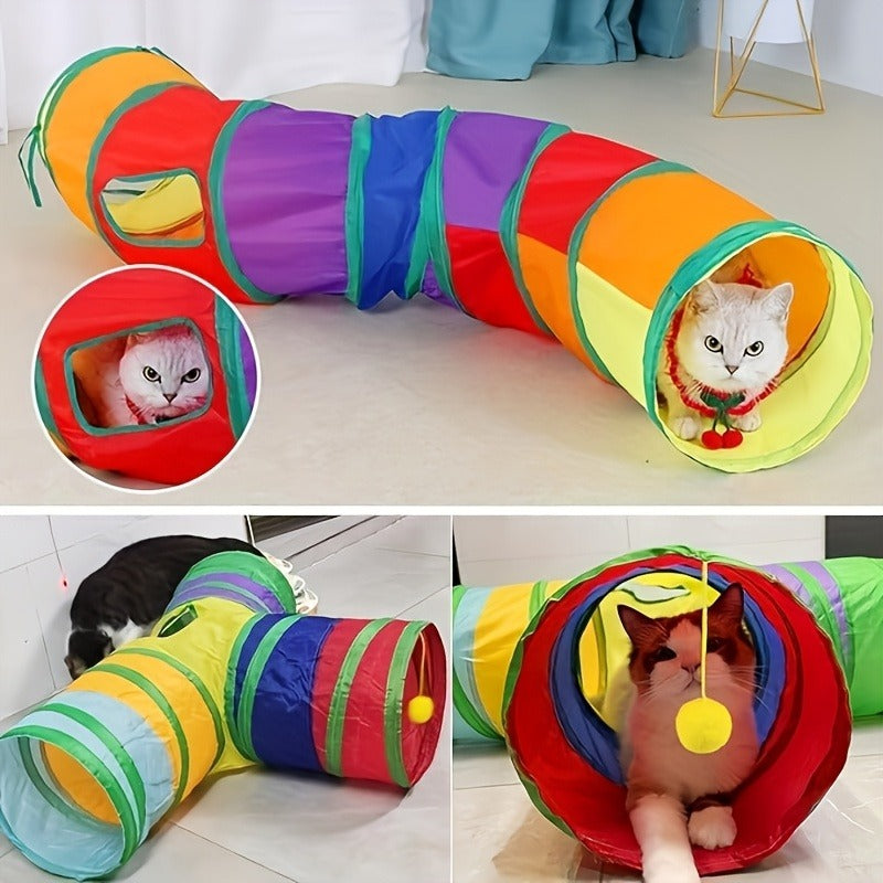 Collapsible Cat Tunnel Toy – Foldable S-Shaped & 3-Way Tube with Ball & Peek Holes, Rainbow Colors, Connectable Cat Play Tunnel for Indoor