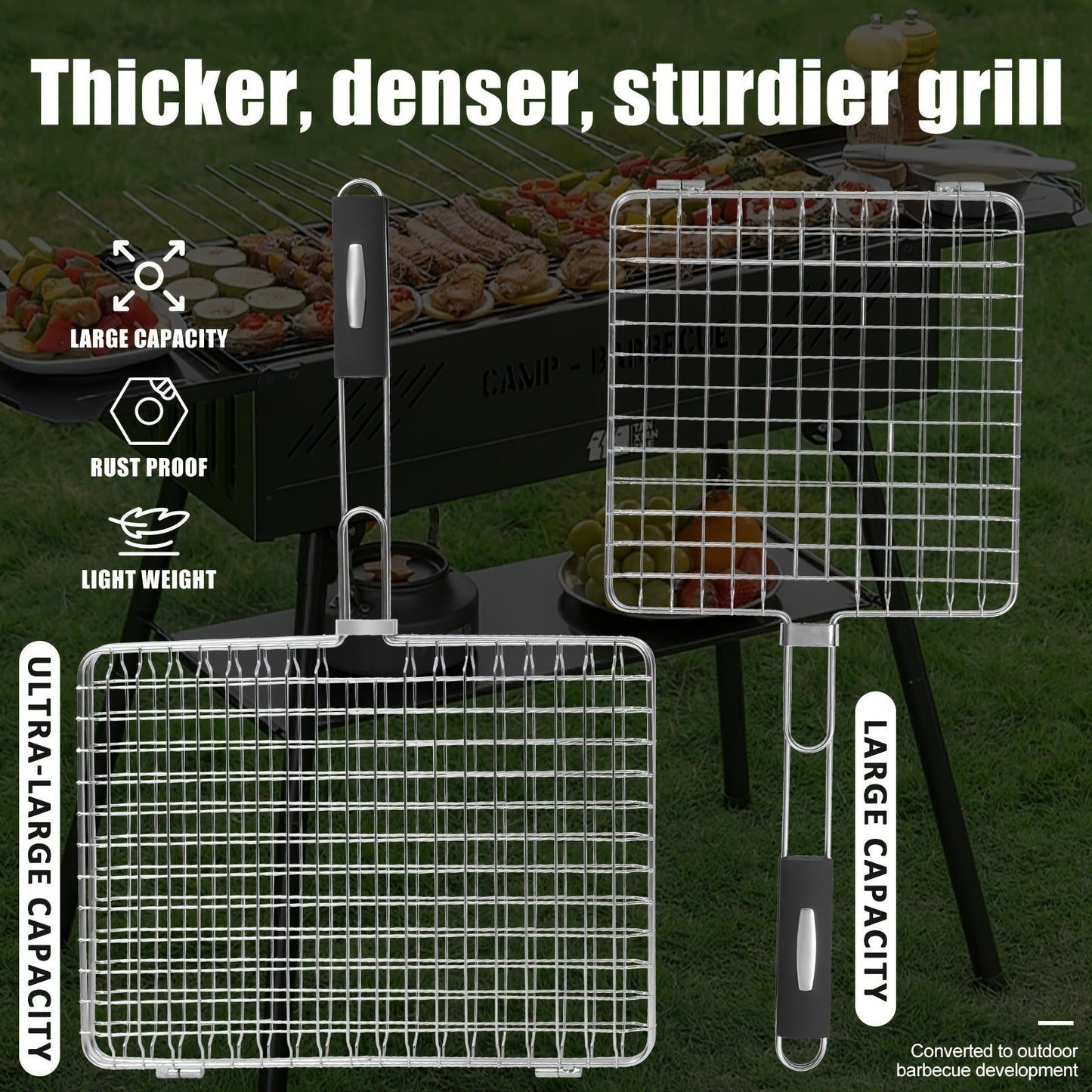 Grill Basket Stainless Steel Folding BBQ Grilling Basket for Fish Chicken Vegetables Shrimp Portable Outdoor Camping Barbecue Accessory 3