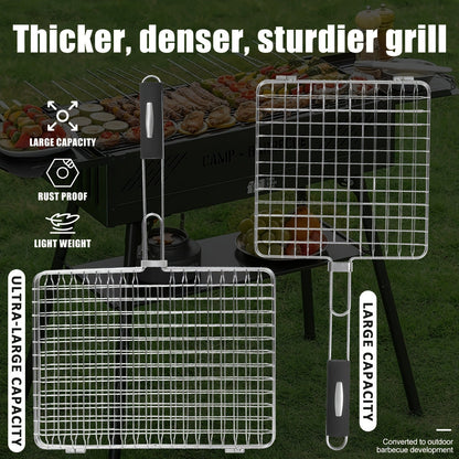 Grill Basket Stainless Steel Folding BBQ Grilling Basket for Fish Chicken Vegetables Shrimp Portable Outdoor Camping Barbecue Accessory 3