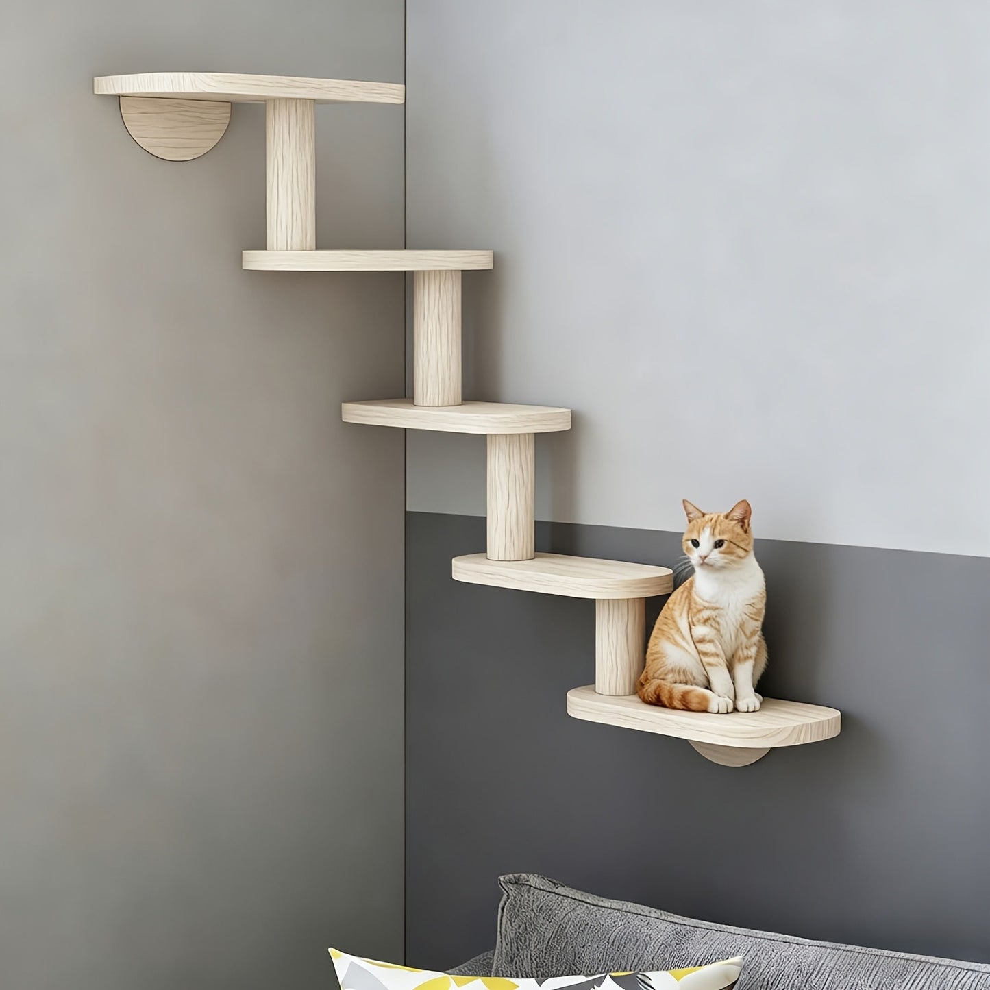 Wall-Mounted Cat Tree 5 Layers Solid Wood Indoor Cat Climbing Frame Jumping Platform Ladder Space-Saving for Small Spaces Multi-Cat Homes