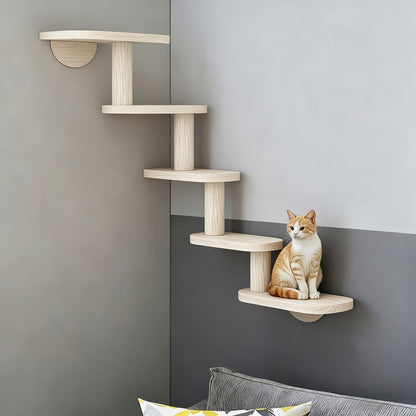 Wall-Mounted Cat Tree 5 Layers Solid Wood Indoor Cat Climbing Frame Jumping Platform Ladder Space-Saving for Small Spaces Multi-Cat Homes