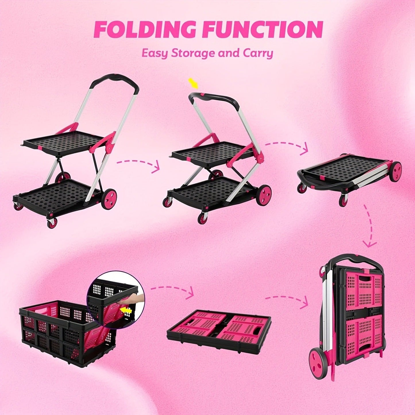 Collapsible Utility Cart Foldable Shopping Trolley 4-Wheel 360° Swivel Locking Brake Portable Dolly for Grocery Mall Camping Pink Purple