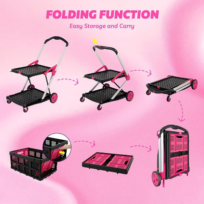 Collapsible Utility Cart Foldable Shopping Trolley 4-Wheel 360° Swivel Locking Brake Portable Dolly for Grocery Mall Camping Pink Purple