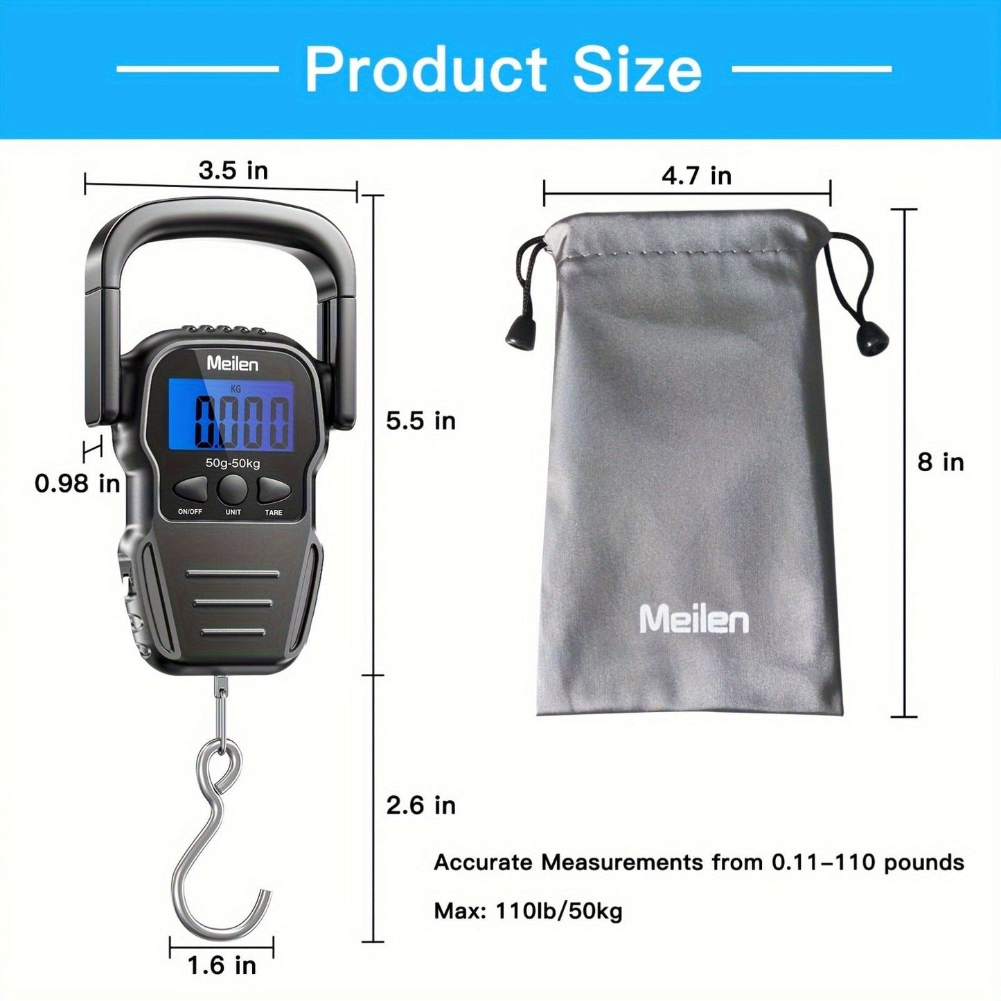 Digital Fishing Scale 50kg 110lb Portable Handheld Fish Scale with LCD Backlight & Built-in Measuring Tape