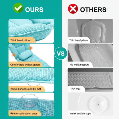Full-Body Bathtub Cushion in 60 × 21.7-Inch Size with Aqua Mesh, Raised Headrest and Lumbar Pad