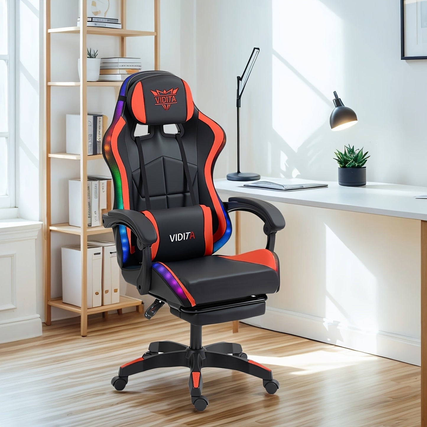 RGB Gaming Chair with LED Lights Footrest Ergonomic Gaming Chair with Massage Lumbar Support Reclining Video Game Chair for Adults Home