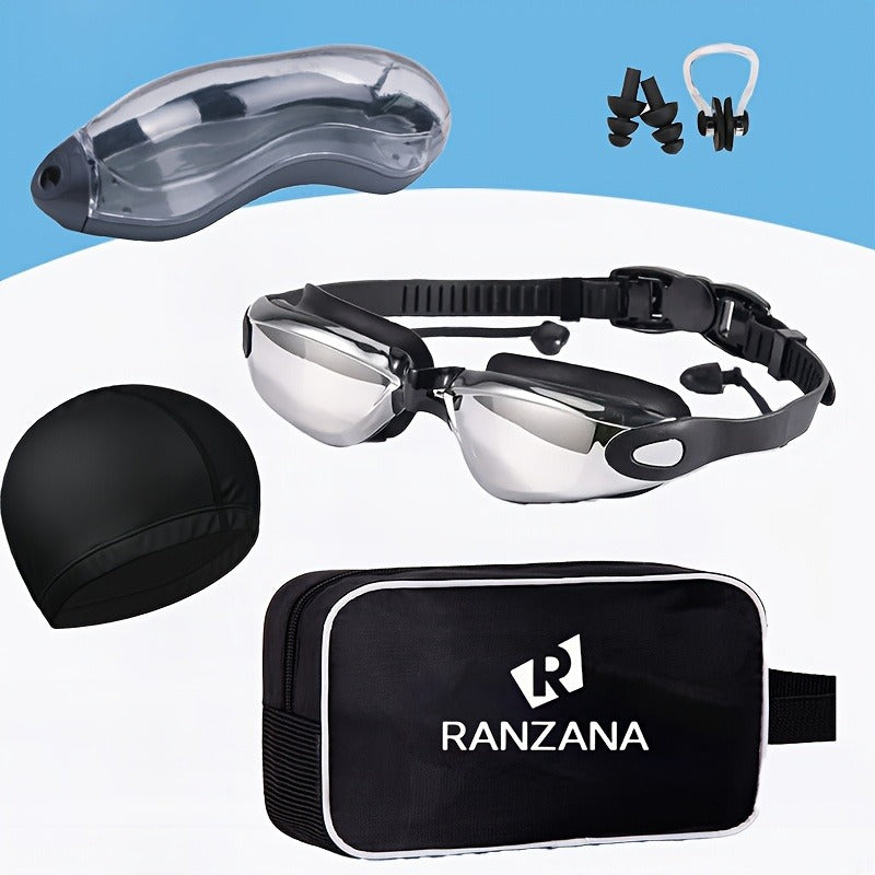 Anti-Fog Racing Swim Goggles Set 6-in-1 – HD UV Protection Silver Coated PC Lens, Waterproof PU Swim Cap, Nose Clip, Earplugs