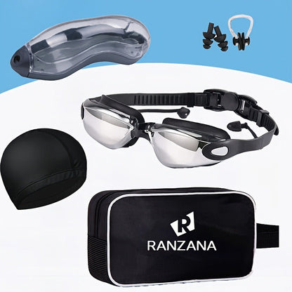 Anti-Fog Racing Swim Goggles Set 6-in-1 – HD UV Protection Silver Coated PC Lens, Waterproof PU Swim Cap, Nose Clip, Earplugs