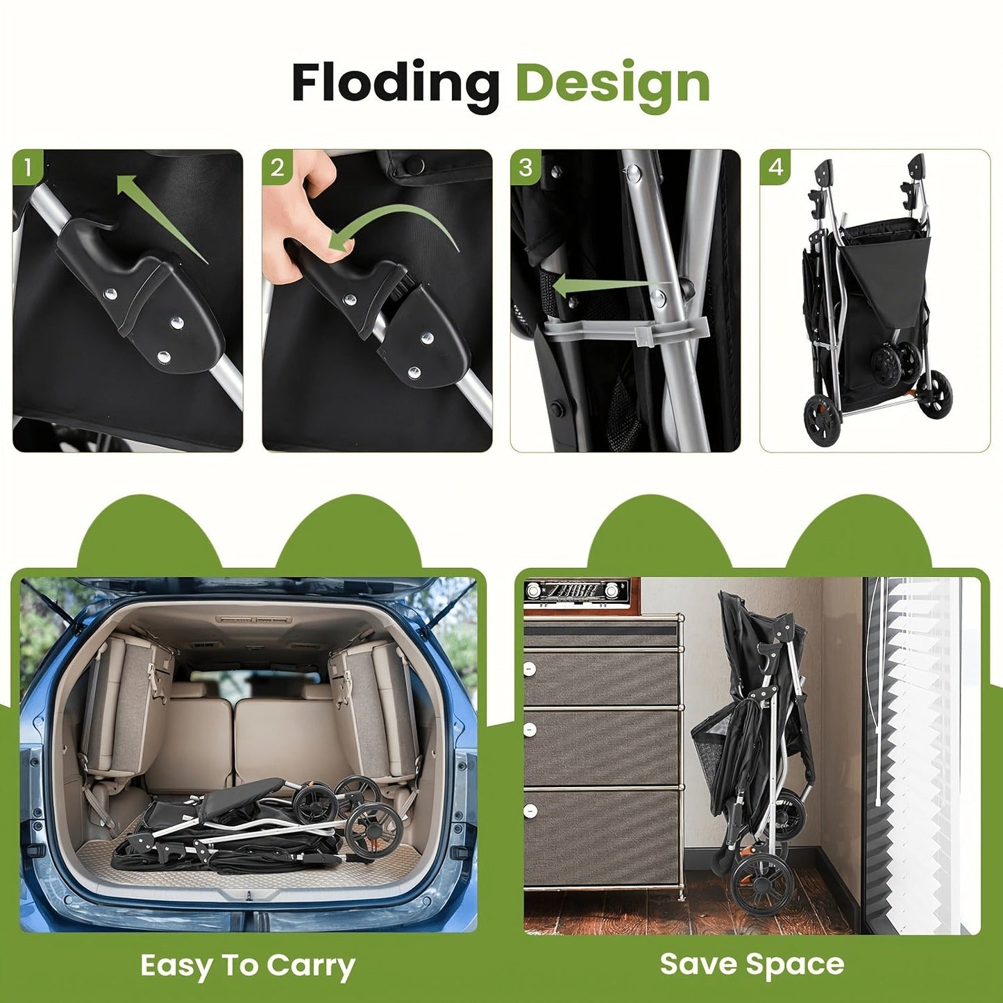 Black Three-Wheel Pet Stroller with Mesh Cabin, Front Cover, Cup Tray and Lower Storage Basket