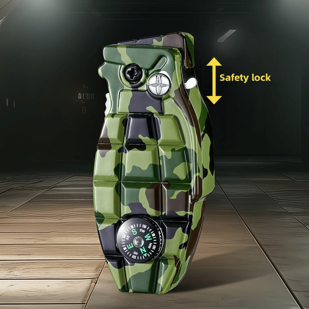 Camouflage Grenade-Shaped Butane Torch Lighter with Built-In Compass and 7.3 cm Body Height
