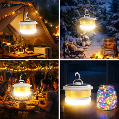 Solar Camping Lantern with Retractable 32.8ft String Lights, Six Modes, USB-C Port and Hand Crank