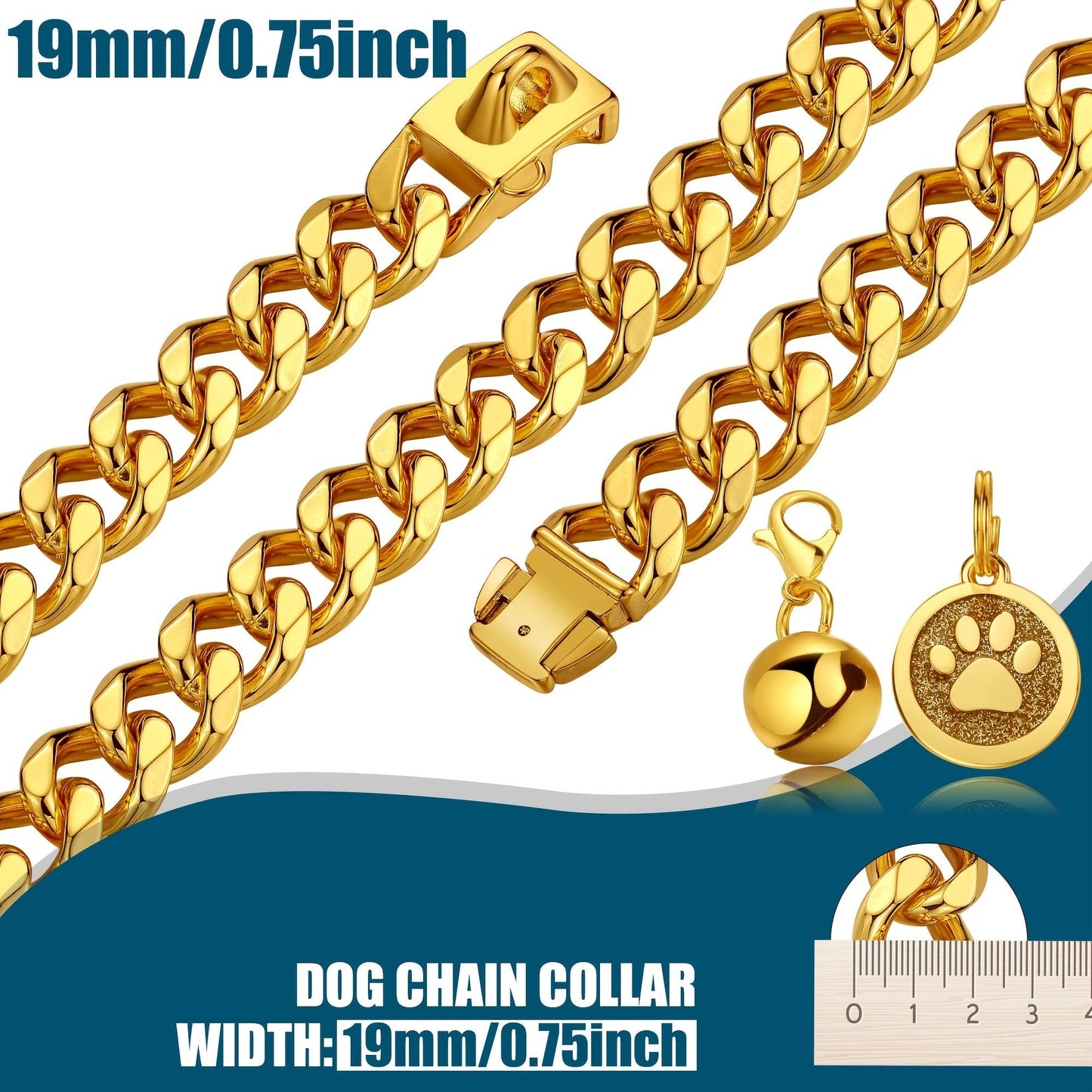 Gold-Color Cuban Link Dog Chain Collar with Paw and Bell Charms in Six Lengths from 16 to 26 Inches