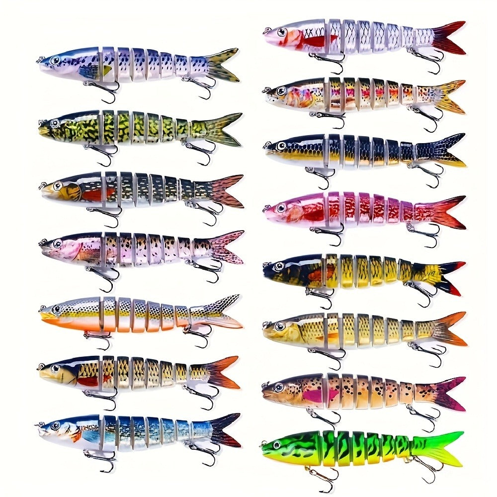 Fishing Lure Set 15-Piece Multi-Jointed Swimbaits with Segmented Bodies, Two Treble Hooks and Fifteen Fish Patterns