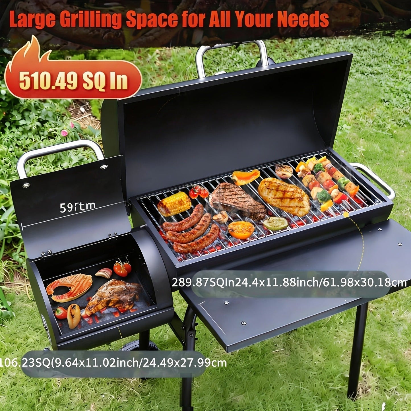 Barrel Charcoal Grill with Offset Smoker, Wheeled Cart, Side Firebox and Two Black Configuration Options