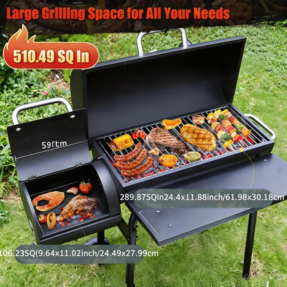 Barrel Charcoal Grill with Offset Smoker, Wheeled Cart, Side Firebox and Two Black Configuration Options