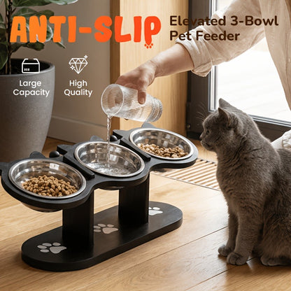 Elevated Cat Bowl Stand with Tilted Stainless Steel Bowls – Adjustable Raised Feeder, Anti-Spill, Black Wood Base for Cats & Small Dogs