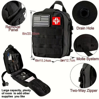 Emergency Survival Kit with MOLLE-Style Bag, Pictured Multi-Tool and First-Aid Assortment in Two Colors