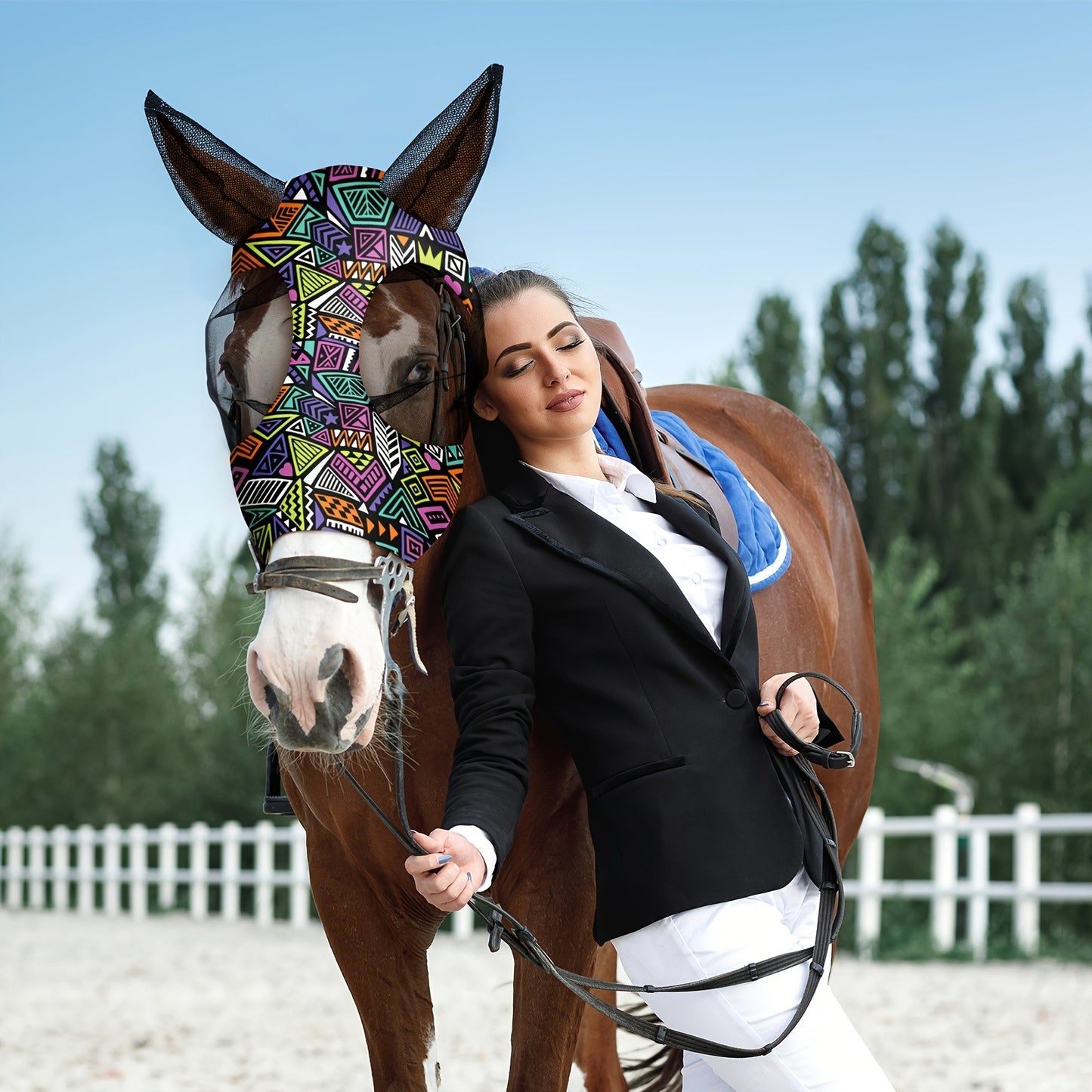 Horse Fly Mask with Ears 6-Pack – Soft Elastic Breathable Face Covering for Horses | Smooth Comfortable Fit, Geometric Pattern, Medium Size