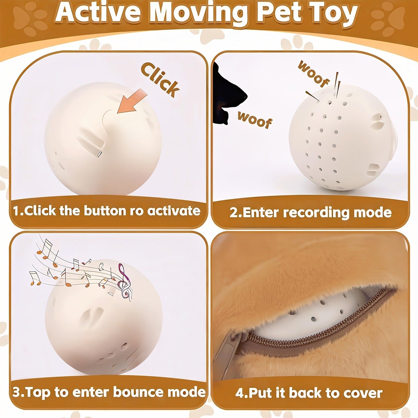 Dog Toy USB-Rechargeable Bouncing Character Ball with Recording and Music Modes in Five Styles