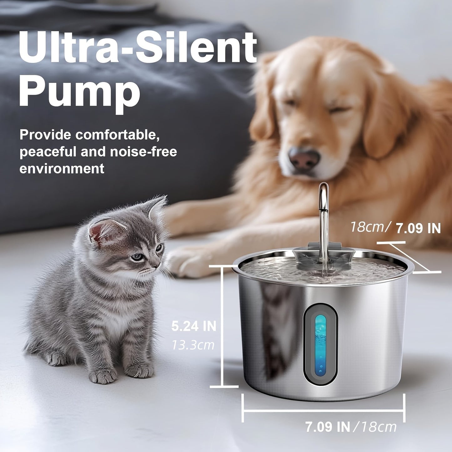 Stainless Steel Cat Water Fountain 74oz – 304 Food-Grade Steel, Ultra-Quiet USB Pump, 3-Stage Filtration, Visible Water Level Window