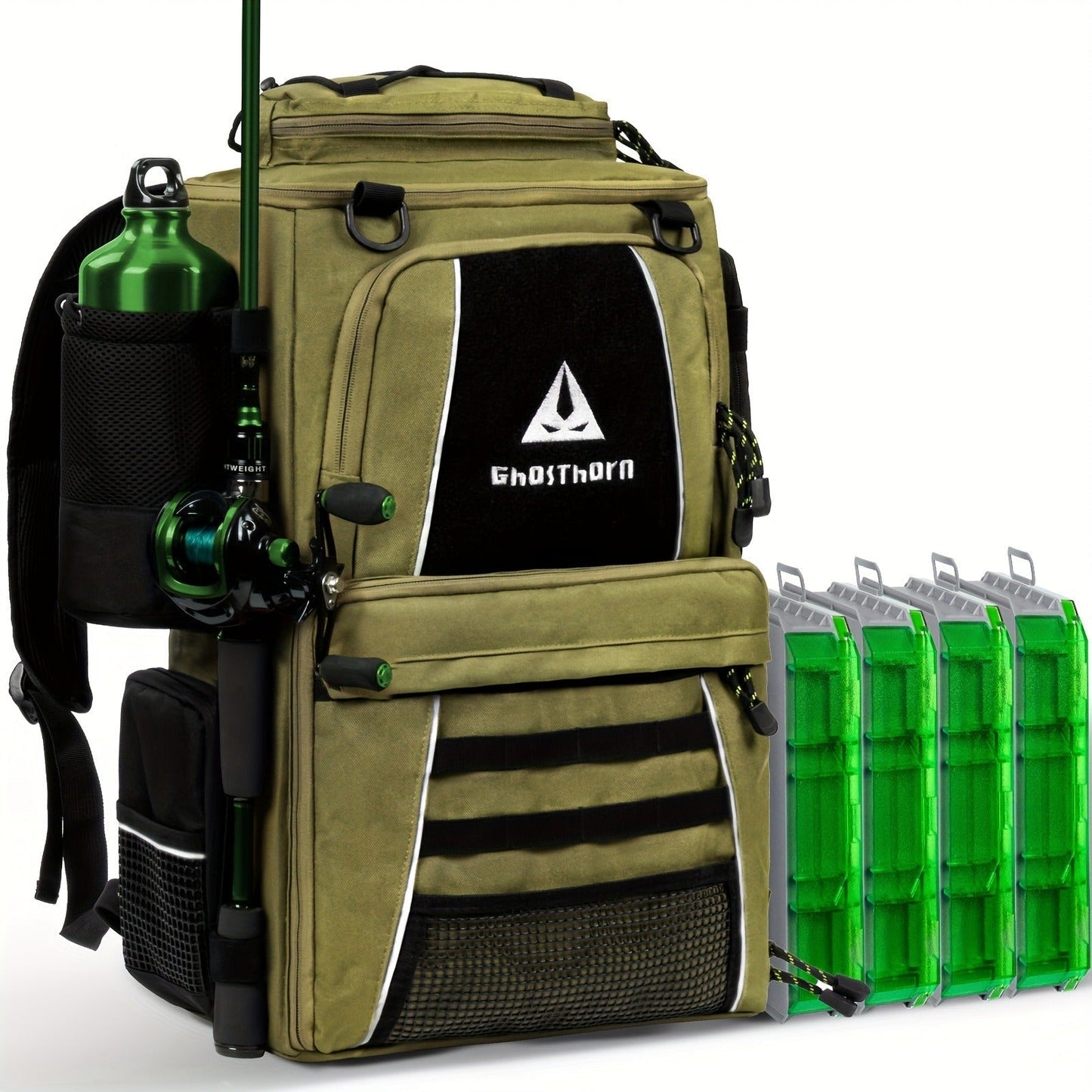 Large Fishing Tackle Bag with 4 Tackle Boxes – 43L Backpack with Rod Holder, Detachable Waist Pack & Gear Storage for Men Women | Black