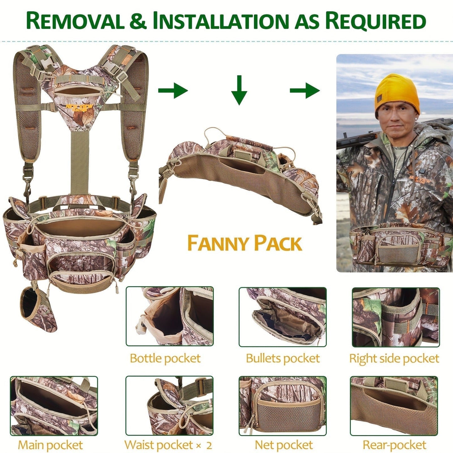 Hunting Fanny Pack for Men with 9 Pockets – Camouflage Waist Bag with Rifle & Bow Holder, Adjustable Strap & Buckle Closure for Hunters