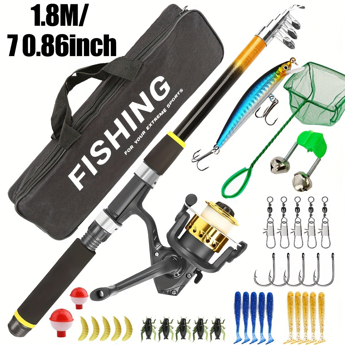 Baitcasting Rod and Reel Combo Set – Medium-Fast Action Telescopic Fishing Rod with Line, Lures, Accessories Box & Carry Bag