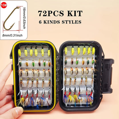 Fly Fishing Lures 72pcs Dry & Wet Flies Assortment with Fly Box – Hand-Tied 6 Patterns for Trout, Bass & Salmon, Biomimetic Bait