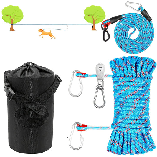 Overhead Dog Trolley System 75ft – Heavy Duty Reflective Cable Runner, Supports Up to 200lbs, Portable Easy Setup for Yard, Park