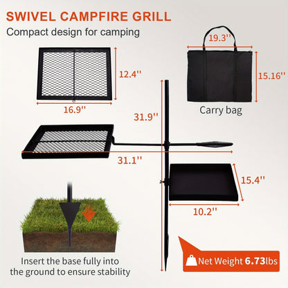Portable Camping Grill Set – Heavy Duty Skillet Combo with Adjustable Grill Grate, Grill Pan & Carrying Bag – Steel & Iron Construction