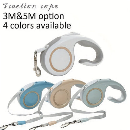 Retractable Dog Leash with 16-Foot Tape, One-Button Lock and Six Champagne, White or Blue Size Options