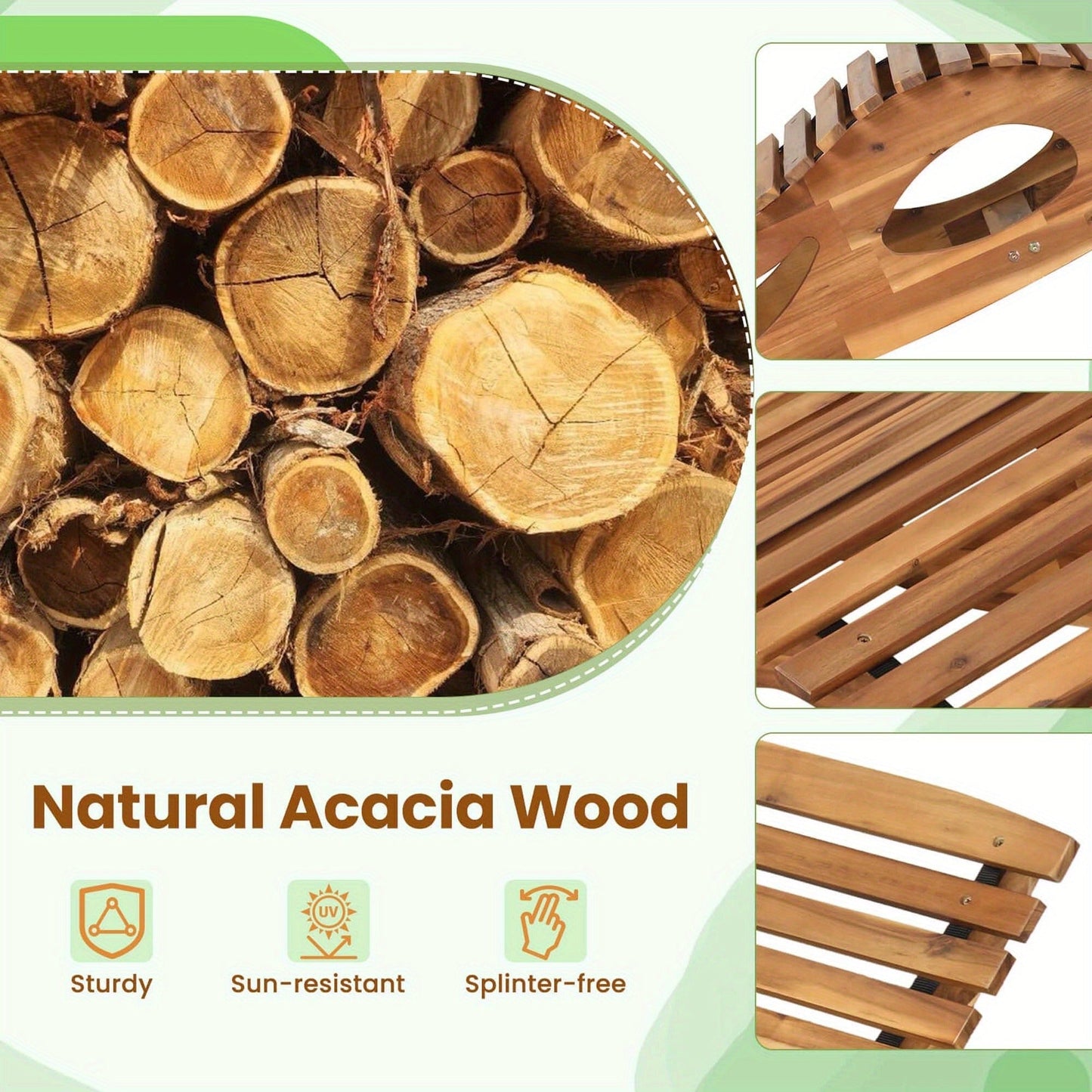 Acacia Wood Rocking Chaise Lounge Outdoor High Back Slatted Seat Stopper Patio Rocker for Deck Poolside Garden
