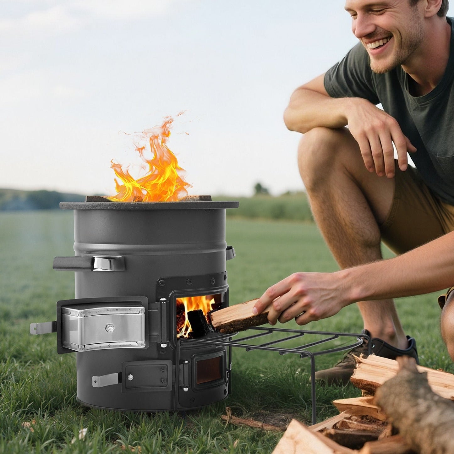Wood Burning Rocket Stove Portable Camping Stove with Cast Iron Top, Double Door, Fireproof Lining