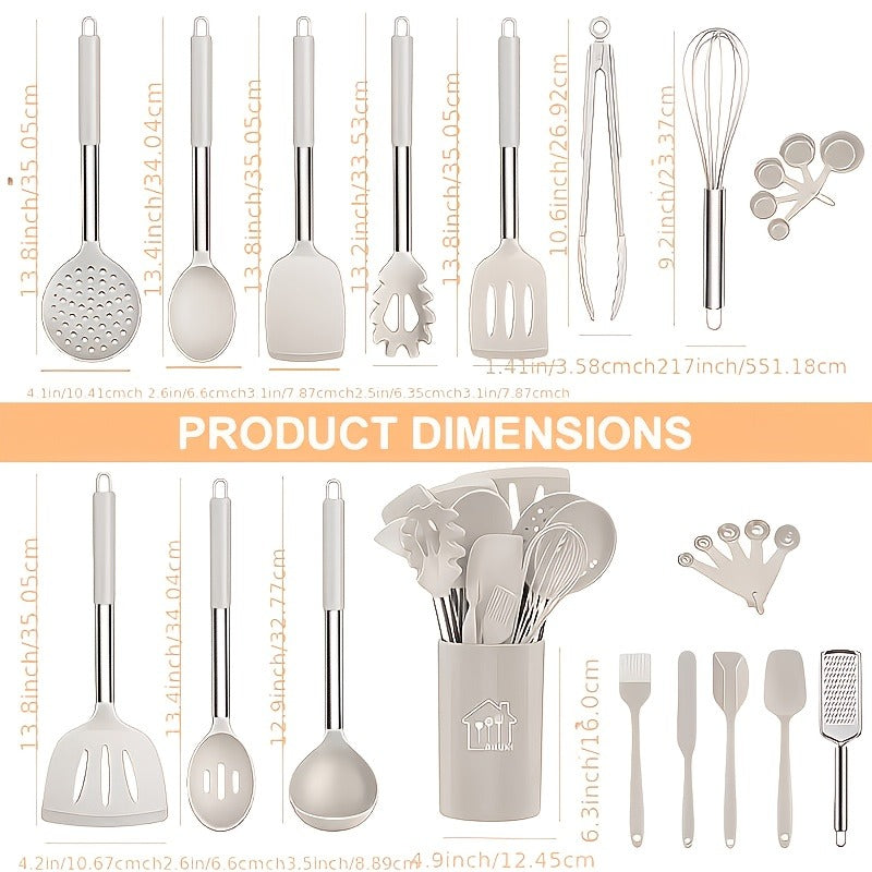 Silicone Kitchen Utensil Set with 25 Tools and Accessories, Holder and Grey, Black or Coffee Colors